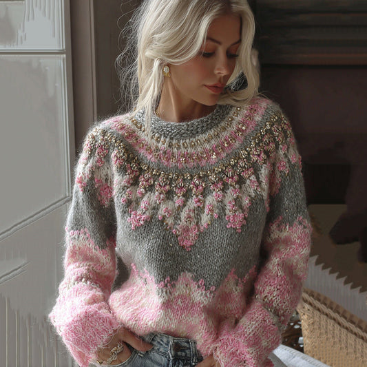 Women's Classic Fairman Island Crochet Contrast Sequin Sweater elevenforest