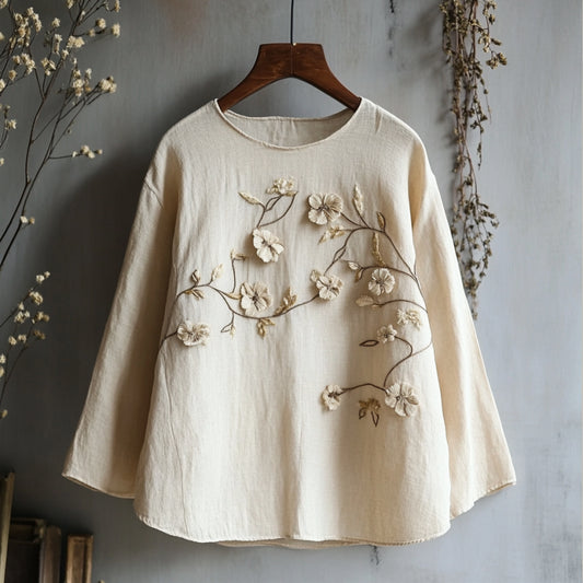Comstylish Vintage Floral Embroidered Art Linen Shirt
