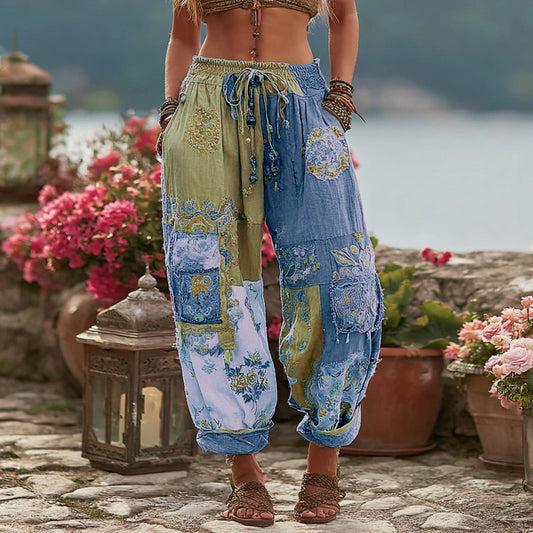 Women's Vintage Floral Embroidery Art Contrast Color Linen Blend Casual Pants artswardrobe