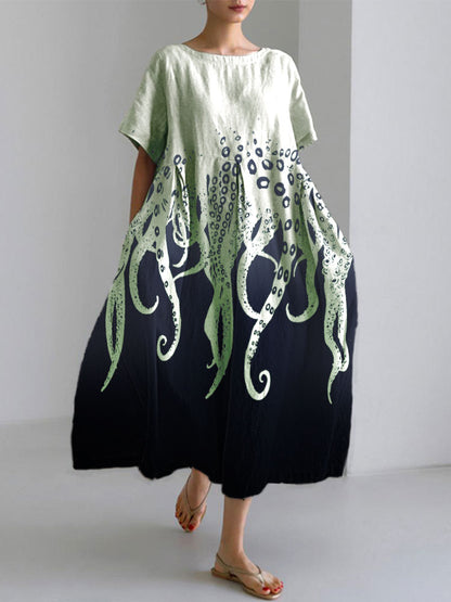 Comstylish Ocean Octopus Japanese Art Linen Blend Casual Dress