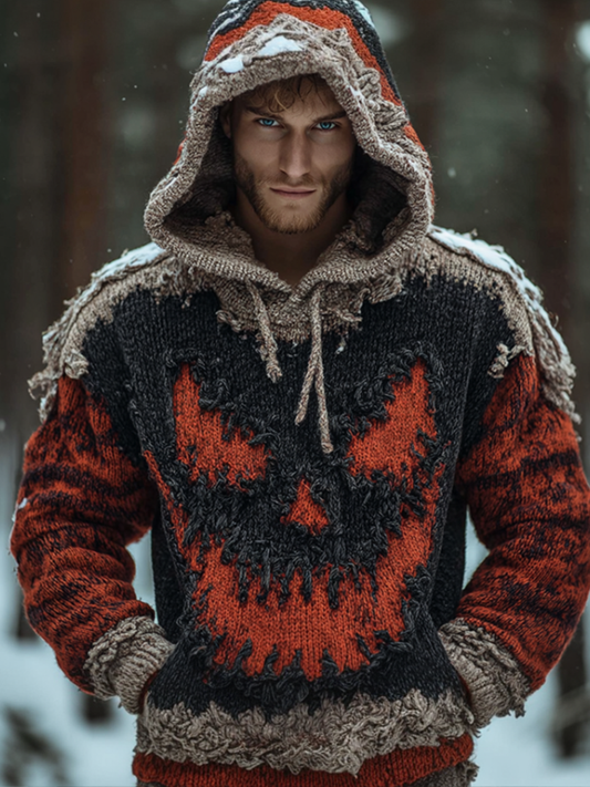 Halloween Viking Grotesque Demon Smiling Men's Knit Hooded Sweater artswardrobe