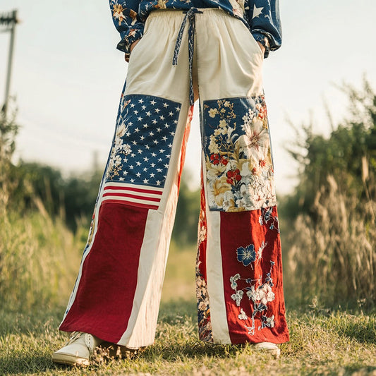 Women's Vintage Independence Day Floral Embroidery Patchwork Design  Linen Wide Leg Pants artswardrobe