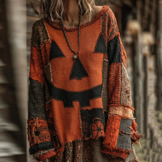 Halloween Pumpkin Face Art Cozy Knit Sweater elevenforest