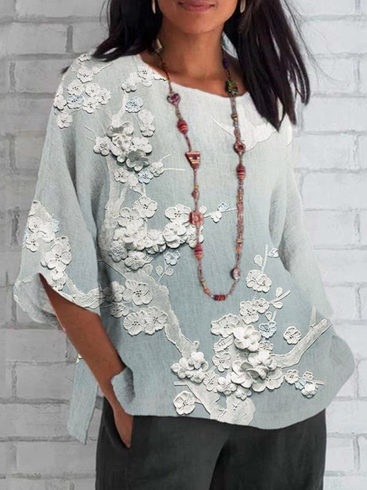Comstylish Japanese Embossed Floral Cotton and Linen T-Shirt