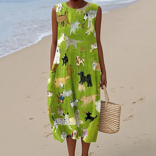 Women's Dog Art Print Crew Neck Tank Midi Dress artswardrobe