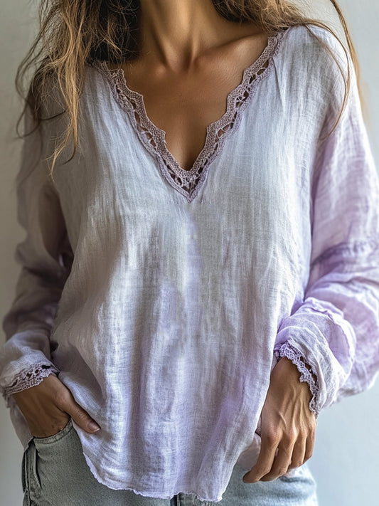 Vintage Boho Gradient Lace Hem Linen Blend Tunic artswardrobe