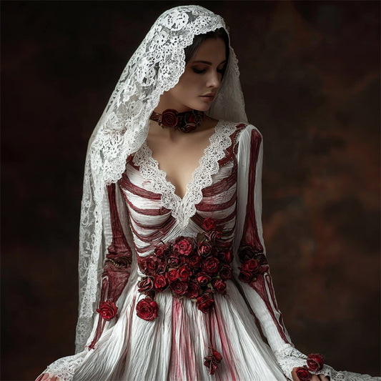 Comstylish Halloween Bloody Bridal Roses & Skeleton Linen Maxi Dress