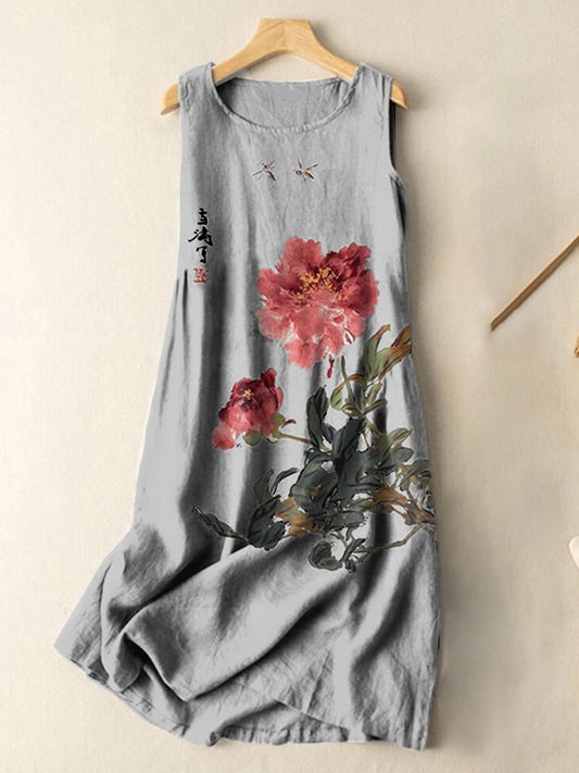 Comstylish Vintage Japanese Ink Flower Calligraphy Art Print Sleeveless Cotton And Linen Midi Dress