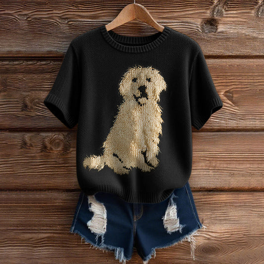 Vintage Classic Fuzzy Golden Retriever Dog Felt  Inspired Short Sleeve Cozy Knit Sweater elevenforest