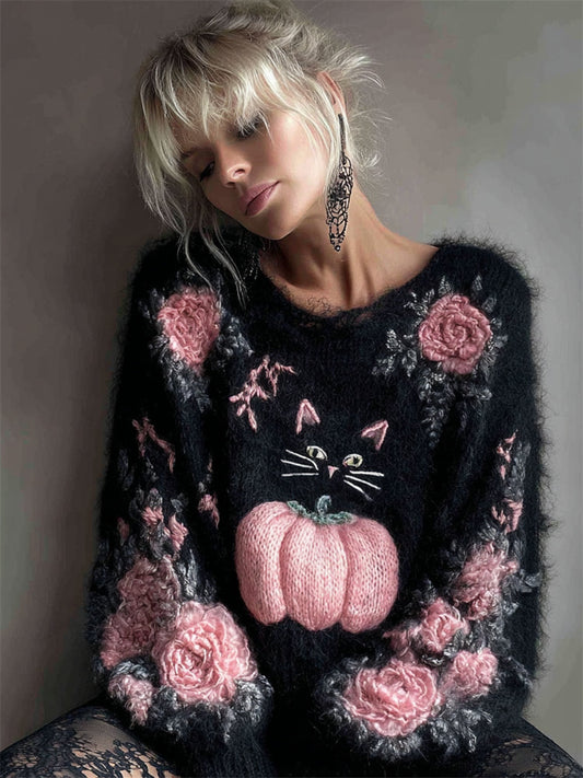 Black Cat & Pink Pumpkin Floral Embroidered Fuzzy Cozy Sweater elevenforest