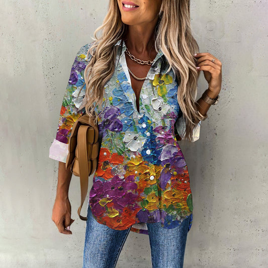 Comstylish Oil Painting Floral Pattern Women'S Shirt