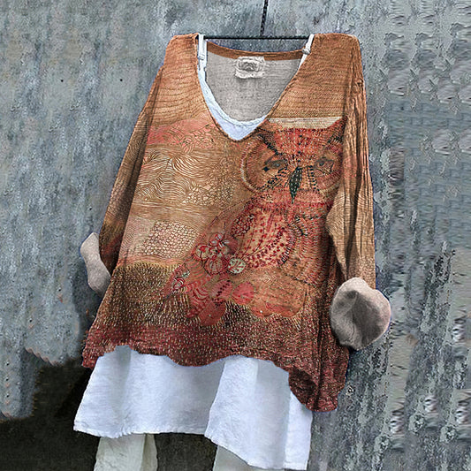 Comstylish Women's Vintage Owl Embroidered Cotton And Linen Shirt