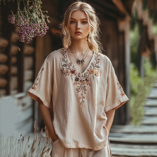 Women's Bohemian Vintage Flowers Art Casual Linen Top artswardrobe