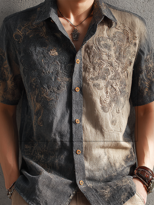 Western Style Retro Cotton And Linen Men's Casual Short-sleeve Shirt With Floral And Animal Elements artswardrobe