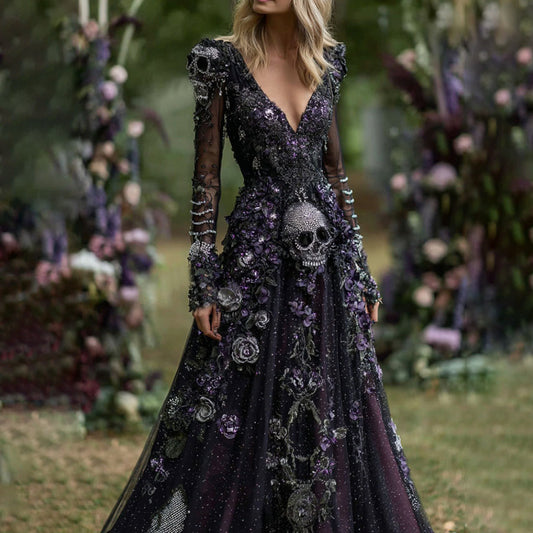 Comstylish Vintage Skull Skeleton And Purple Roses Flowy Maxi Dress