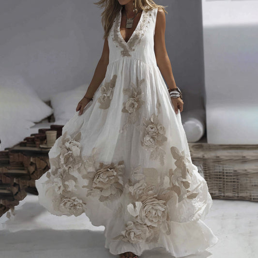 Women's Vintage Floral Embroidery Art Linen Maxi Dress artswardrobe