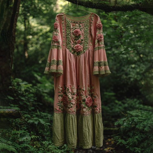 Classy Gradient Pink Roses Cancer Awareness Embroidered Round Neck Linen Maxi Dress artswardrobe