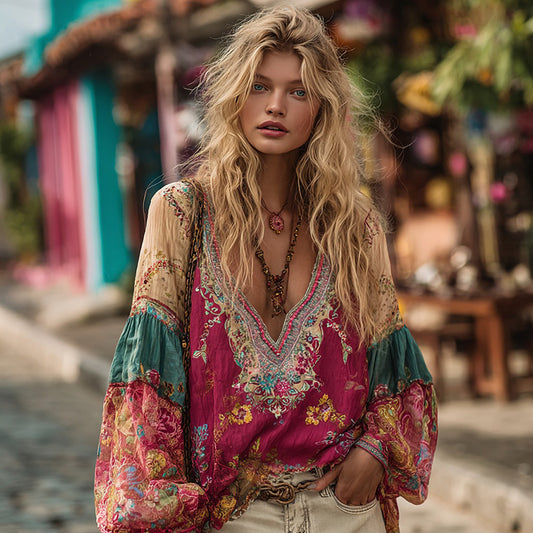 Comstylish Women's Bohemian Floral Embroidery Art Linen Blend Shirt