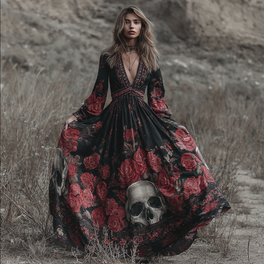 Halloween Theme Rose And Skull Pattern Women's V-neck Long Dress artswardrobe