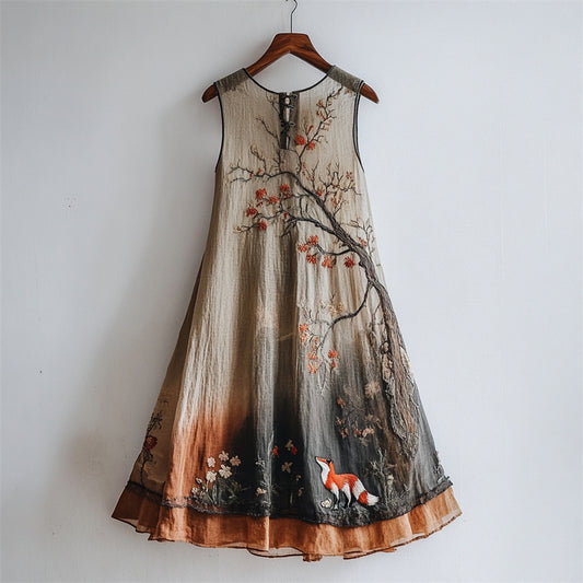 Classy Fox Floral Tree Embroidered Gradient Flowy Linen Dress artswardrobe