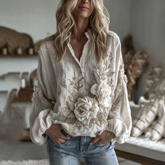 Women's Vintage Floral Art Casual Button Shirt artswardrobe