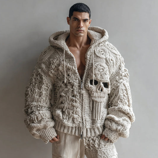 Men's Skull Pattern Cozy Knit Zip Up Hooded Sweater artswardrobe