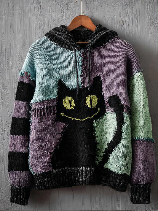 Halloween Black Cat Patchwork Vintage Hooded Sweater elevenforest