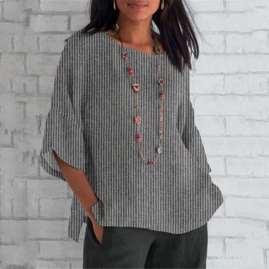 Comstylish Vintage Stripes Round Neck Casual Blouse