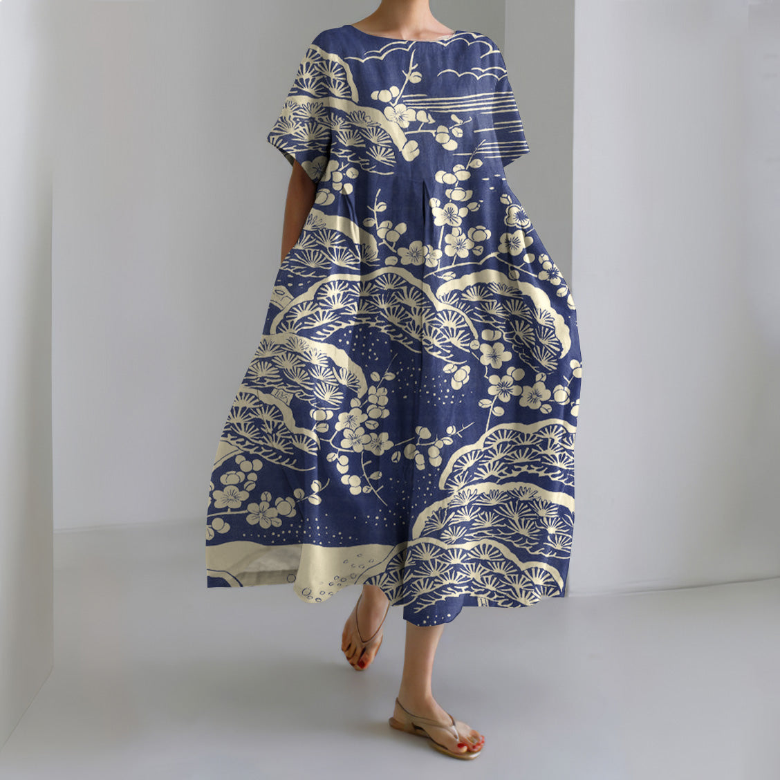 Comstylish Japanese Art Plum Blossom Printed Crew Neck Casual Midi Dress