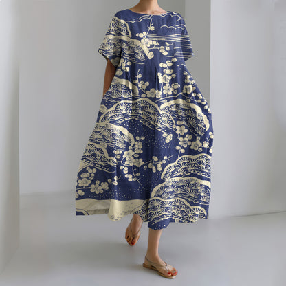 Comstylish Japanese Art Plum Blossom Printed Crew Neck Casual Midi Dress