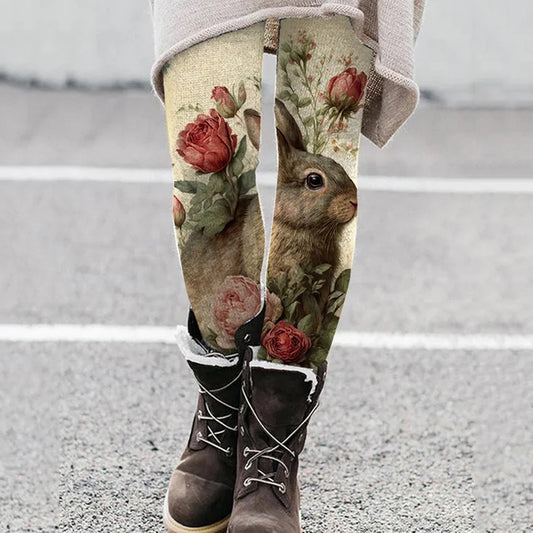 Easter Retro Cute Bunny Floral Print Leggings artswardrobe