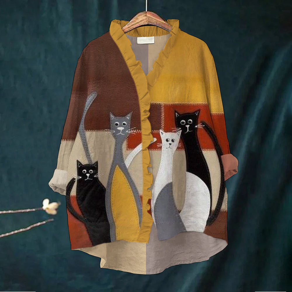 Elegant Cat Geometric Pattern Women's Ruffle Neck Trim Linen Shirt artswardrobe