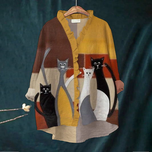 Elegant Cat Geometric Pattern Women's Ruffle Neck Trim Linen Shirt artswardrobe