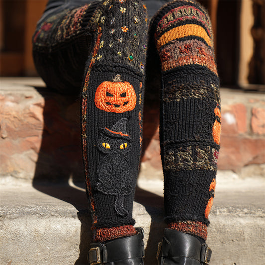 Comstylish Halloween Black Cat & Pumpkin Lady Knit Leggings