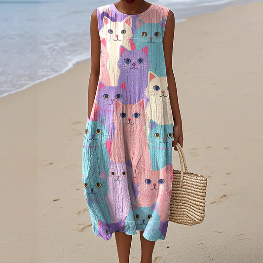 Comstylish Women's Colorful Cat Art Sleeveless Dress