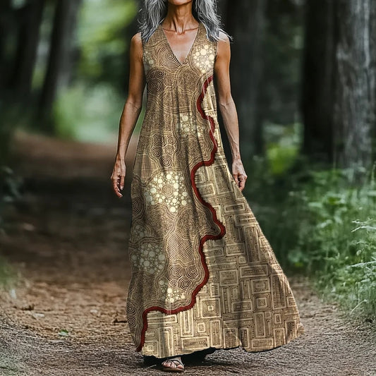 Women's Vintage Geometric Art Print V-neck Tank Midi Dress artswardrobe