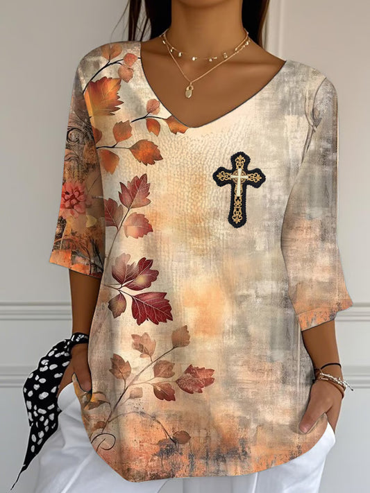 Women's Casual Autumn Faith V-neck T-shirt artswardrobe