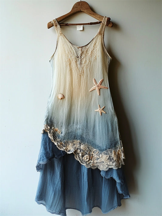Starfish & Sea Shell Embroidered Sea Waves Gradient Lace Flowy Linen Dress artswardrobe