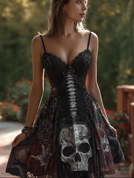 Comstylish Halloween Skeleton Skeleton Pattern Women's Cotton And Linen Sleeveless Dress