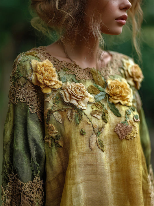 Comstylish Vintage Yellow Roses Lace Hem Contrast Linen Tunic