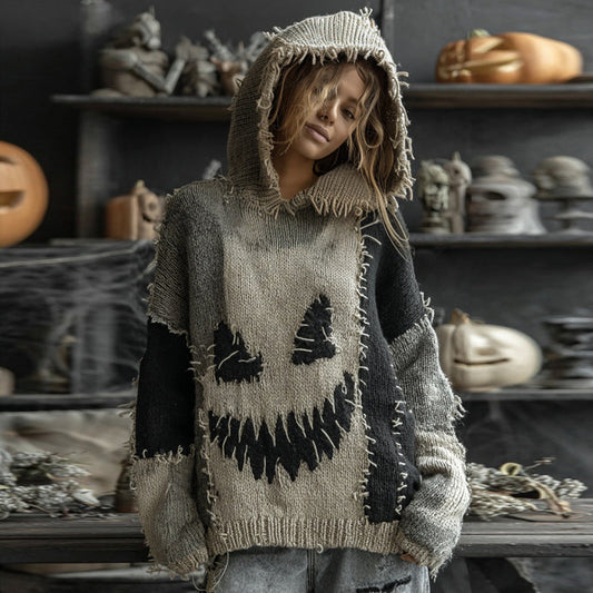Halloween Spooky Face Contrast Stitched Hooded Sweater elevenforest