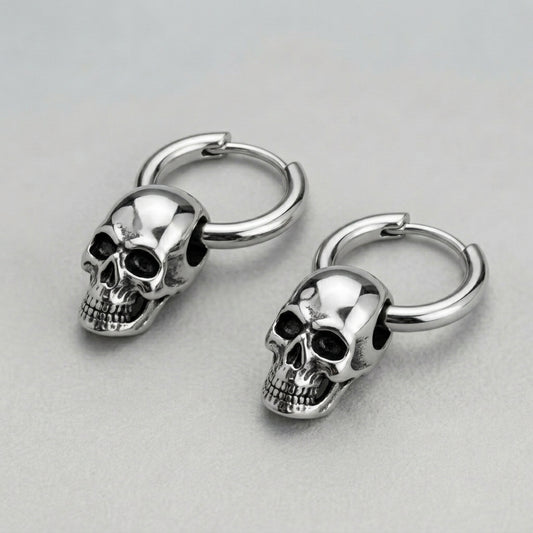 3D Skull Drop Huggie Hoop Earrings