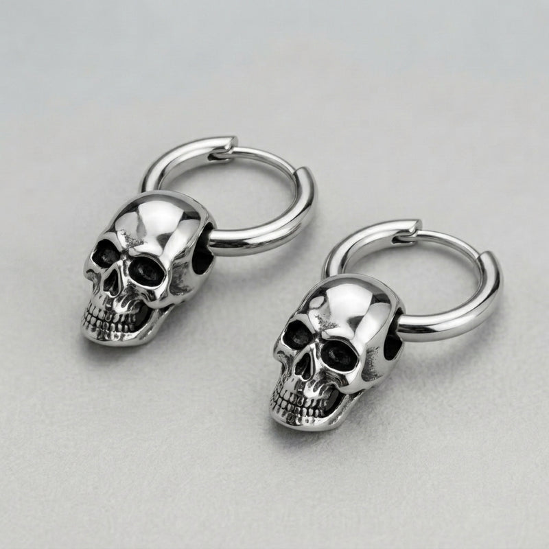 3D Skull Drop Huggie Hoop Earrings