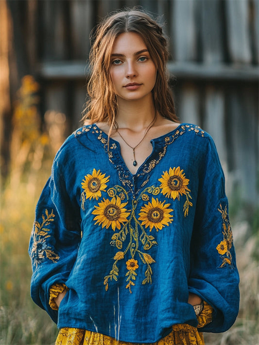 Vintage Sunflowers Ethnic Embroidered Linen Blend Tunic artswardrobe