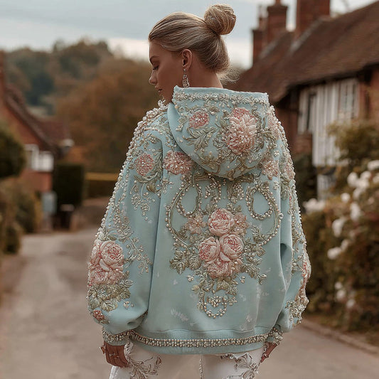 Comstylish Women's Retro Bohemian Floral Embroidery Casual Hooded Sweatshirt
