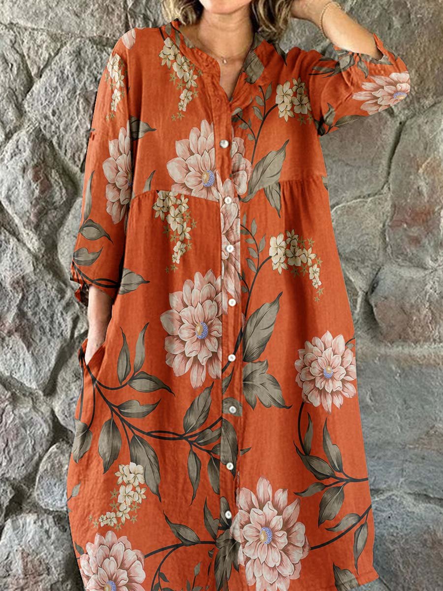 Women's Elegant Vintage Floral Print Shirt Style Cotton and Linen Dres