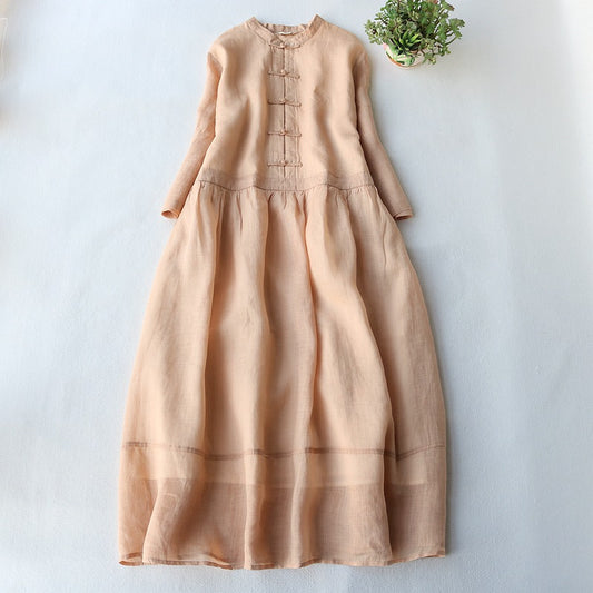 Comstylish Vintage Frog Cotton Linen Long Sleeve Maxi Dress