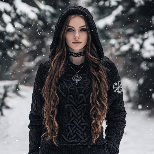 Women's Viking Style Knitted Jacquard Hooded Sweater elevenforest