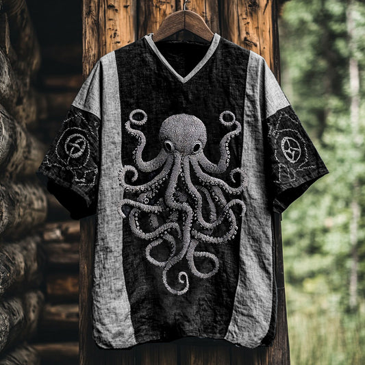 Retro Viking Crusoe Octopus Art Linen V-neck T-shirt artswardrobe