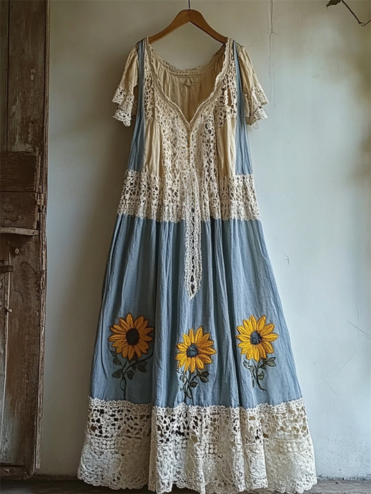 Boho Sunflowers Embroidered Lace Patchwork Linen Maxi Dress artswardrobe